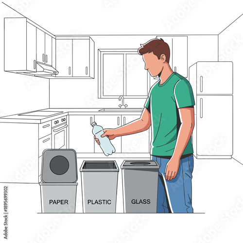 Home waste sorting with a man organizing recyclables in kitchen environment