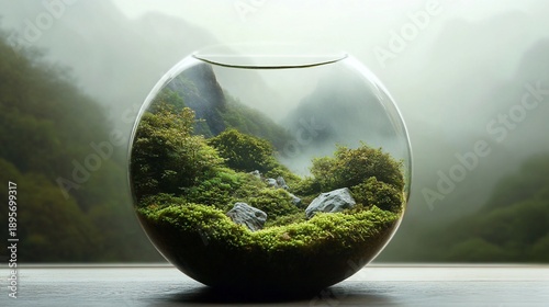 Miniature Mountainscape Terrarium, Foggy Landscape, Windowsill