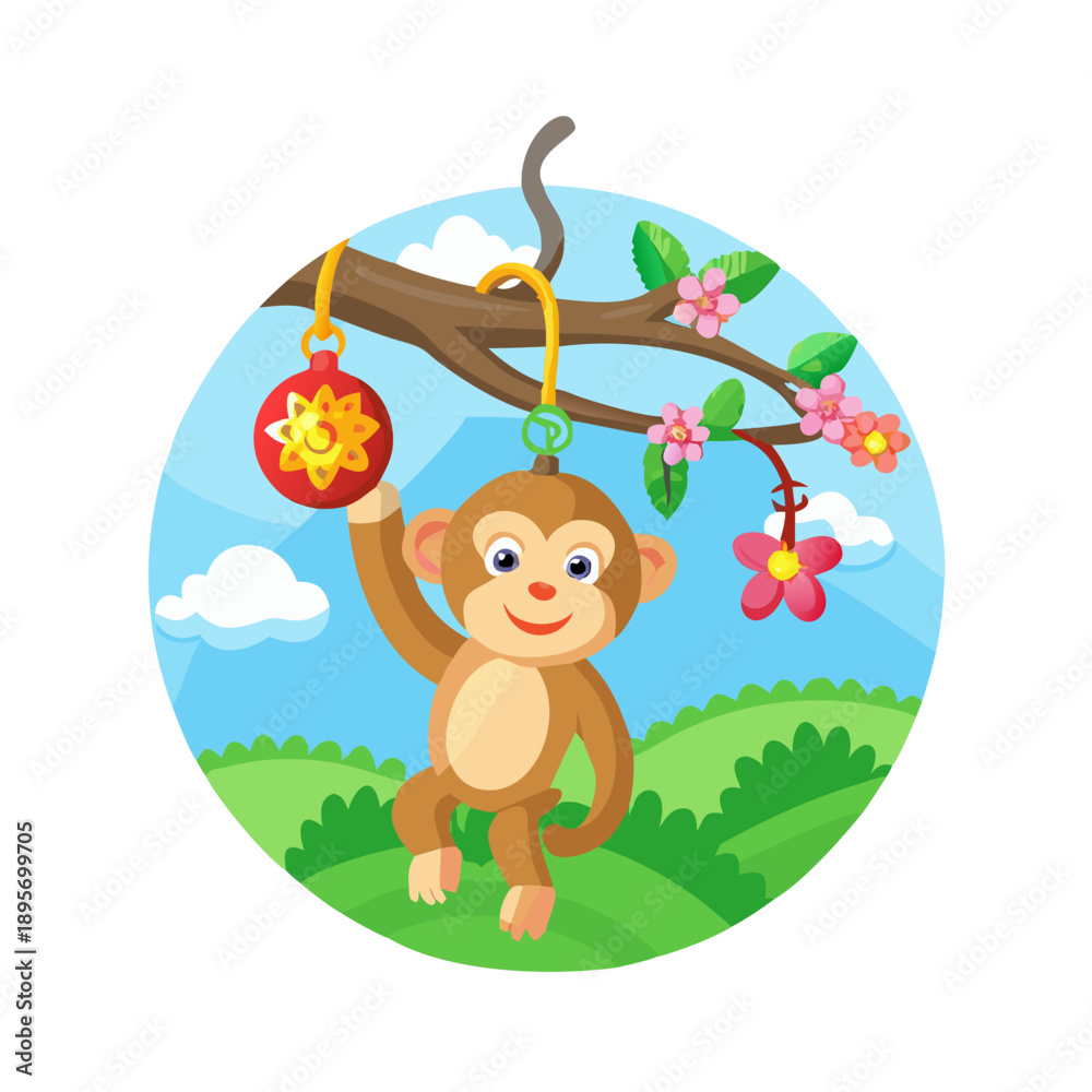 Obraz premium Handmade monkey keychain hanging from a tree branch in a vibrant garden on a sunny day 