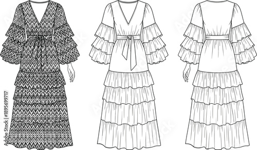 Women boho ruffled maxi dress technical fashion illustration showing patterned model and flat sketch front and back views, vector design