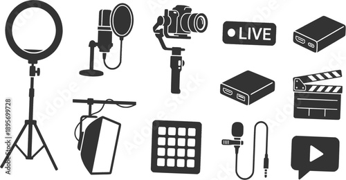Content Creator and Live Streaming Vector Icon Set: Vlogging Gear, Studio Equipment, Video Production, and Influencer Tool Silhouettes