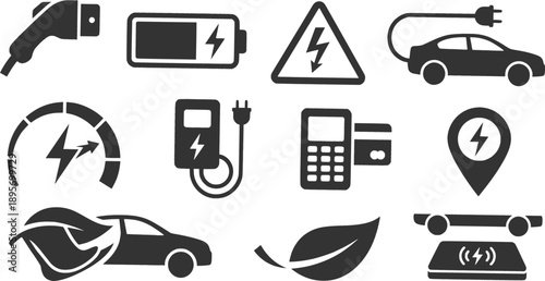 Electric Vehicle Charging Station Vector Icon Set: EV Battery, Green Energy Car, Eco Transport, and Power Plug Silhouettes