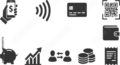 Fintech and Mobile Banking Vector Icon Set: Contactless Payment, Digital Wallet, Money Transfer, and Financial Growth Silhouettes