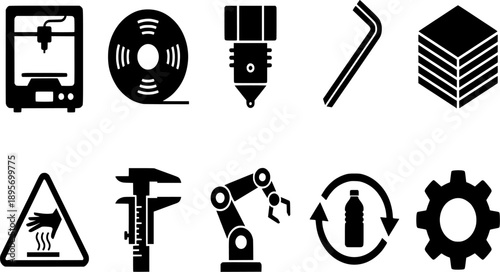 3D Printing and Additive Manufacturing Vector Icon Set: Industrial Prototyping, Filament Extruder, Robotics, and Engineering Tool Silhouettes