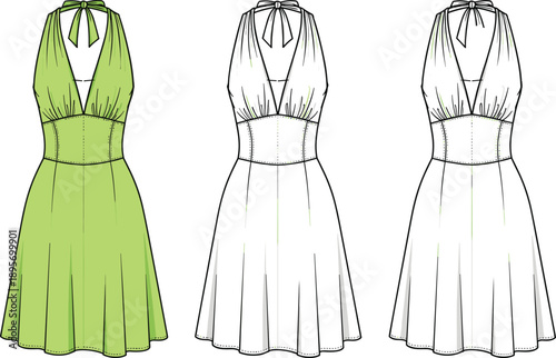 Women halter neck midi dress technical fashion illustration with deep V neckline, tie bow strap, fitted waistband, flared skirt, front views