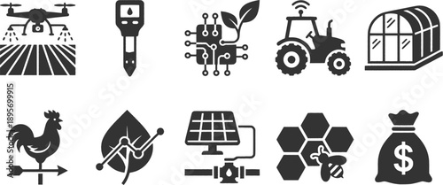 Smart Farming and Agri-tech Vector Icon Set: Modern Agriculture, Drone Automation, IoT Sensors, and Sustainable Farming Silhouettes