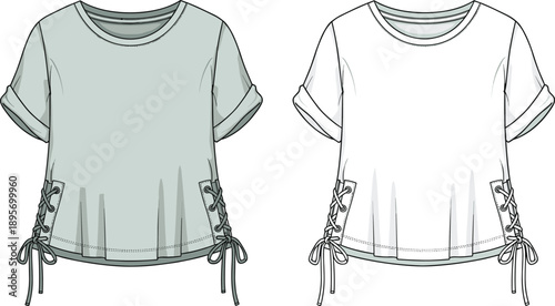 Women lace up side detail t shirt technical fashion illustration set in gray and white, rolled sleeves casual top flat vector