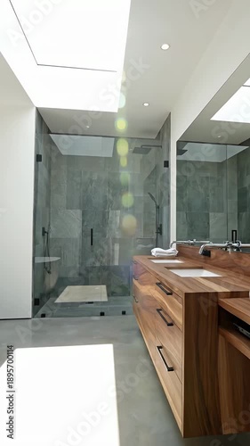 A modern bathroom with a large skylight and a wooden vanity in a video
