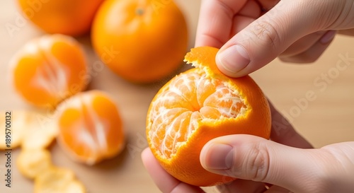 Person peeling a fresh orange on a wooden surface