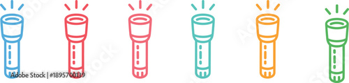 Colorful vertical flashlight icons in outline style illustrating portable lighting devices for emergency use, camping, safety, power and illumination concepts
