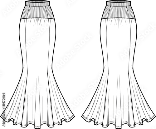 Women mermaid skirt technical flat sketch front and back view with high waist and flared hem, vector template