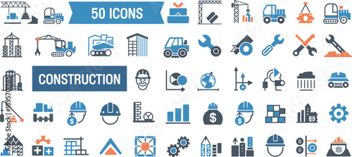 Construction industry icon set with machinery tools workers safety equipment buildings engineering symbols for industrial infrastructure projects development