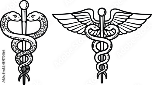 Black and white medical caduceus symbol illustration set featuring snakes, staff and wings, classic healthcare and medicine emblem, detailed vector design isolated on white background