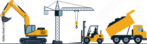 Construction machinery vector illustration featuring excavator crane forklift and dump truck heavy equipment for industrial building site operations