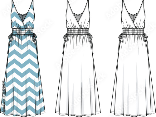 Women sleeveless maxi dress technical fashion illustration with chevron print, deep V neckline, smocked waistband, side tie details, front views
