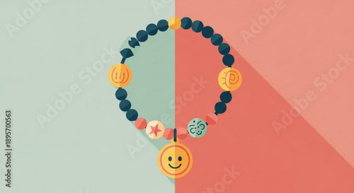 Colorful beaded bracelet with smiley face charm on pastel background