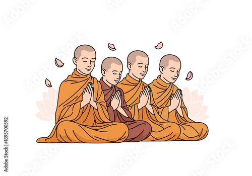Four Buddhist monks meditating together in prayer.