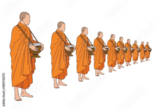 Group of Buddhist Monks in Orange Robes Holding Alms Bowls.