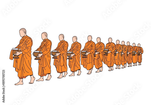 A Line of Buddhist Monks in Orange Robes Walking in a Procession.