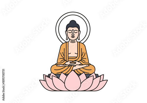 Buddha meditating peacefully on a lotus flower with a halo.
