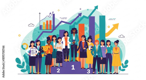 Diverse business professionals standing on a podium with increasing graph charts and arrows symbolizing success and growth in a corporate setting