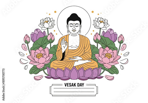 Buddha Meditating Surrounded by Lotus Flowers on Vesak Day.