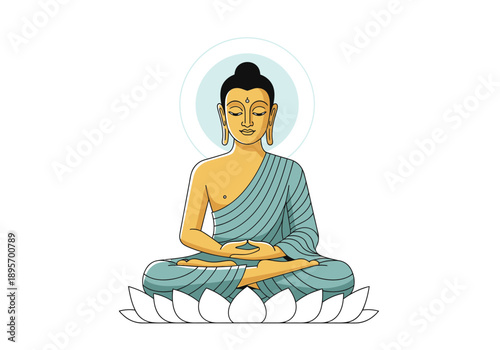 Buddha meditating peacefully on a lotus flower radiating serenity and enlightenment.