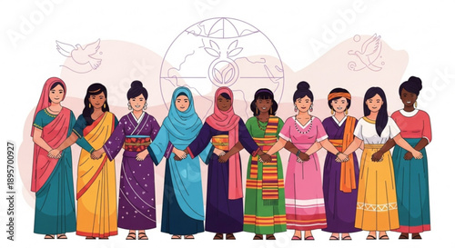 Diverse women in traditional clothing standing together in unity and solidarity holding bowls with a globe and doves in the background symbolizing global harmony and cultural