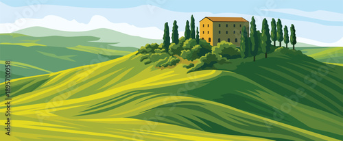Rolling green hills surround a peaceful villa under blue skies.