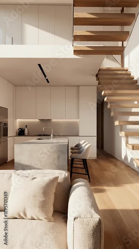 A modern living room with a staircase and kitchen in a video tour