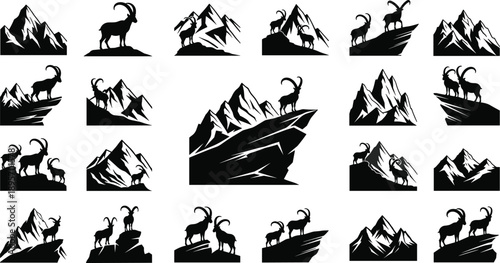 Mountain goat silhouette icon set with alpine peaks cliffs and wildlife scenes in black and white style for nature adventure branding logos and outdoor design projects