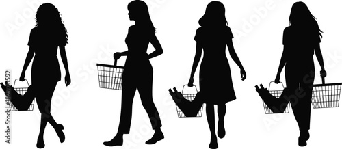 Female grocery shopping silhouettes, women walking with baskets, everyday consumer lifestyle activity, elegant black vector illustration set for adobe stock use