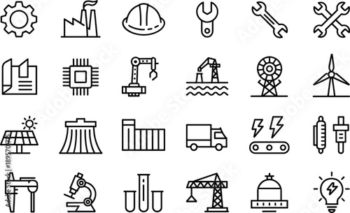 Industrial energy and engineering line icons set, factory machinery construction tools power generation renewable symbols, modern editable outline vector illustration collection
