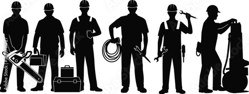 Industrial worker silhouettes standing with tools and equipment, construction, maintenance and engineering professions concept, black vector illustration isolated on white background