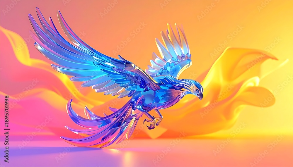 Fototapeta premium Vibrant blue phoenix bird in flight with colorful wings and abstract background in shades of pink, yellow, and orange hues
