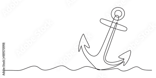 Simple continuous line drawing of a large ship anchor resting on a wavy water surface Vector, illustration