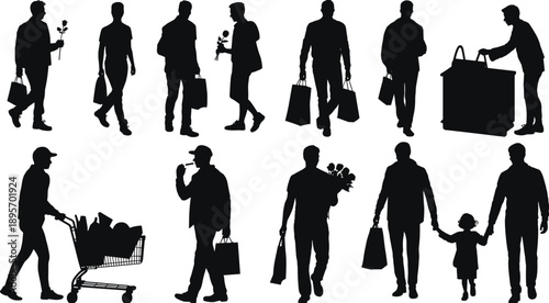 Male shopping silhouettes set with bags, gifts, flowers and child, people walking poses, retail lifestyle vector illustration isolated on white