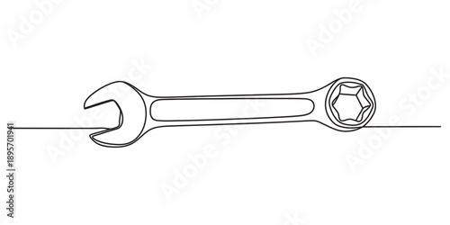 Continuous line art drawing illustrating a combination wrench tool on a white background Vector, illustration