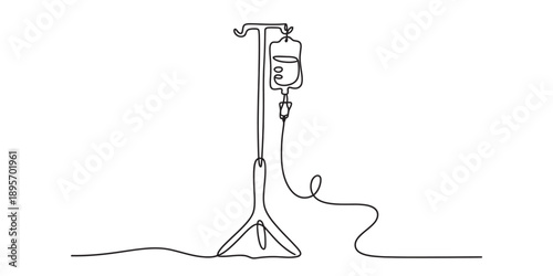 Minimalist continuous line art drawing of an intravenous drip stand for medical concepts Vector, illustration