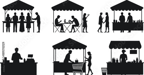 Market stall silhouette set with vendors and customers, street food kiosks, retail counters, people buying and selling goods, black vector illustration