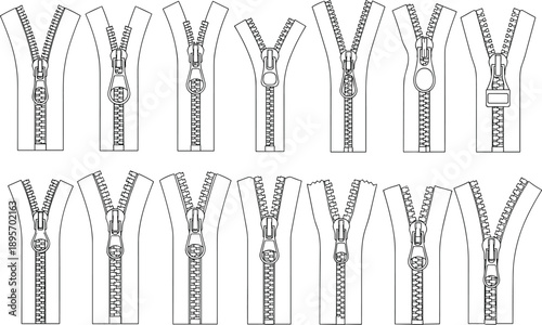 Zipper outline illustration set showing different zipper styles sliders and teeth in clean line art isolated on white background for fashion sewing and garment design use