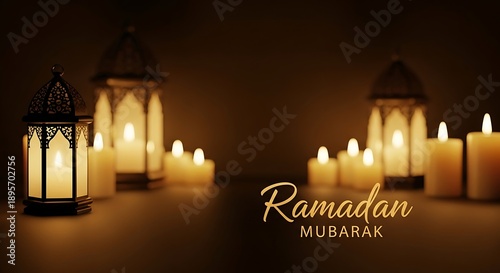 Ramadan Mubarak Greeting with Glowing Islamic Lanterns and Candles in Dark Aesthetic Background
