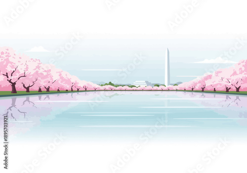 Washington Monument and Tidal Basin Cherry Blossoms.