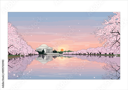 Canvas-taulu Jefferson Memorial Building Surrounded by Cherry Blossoms and Water Reflections