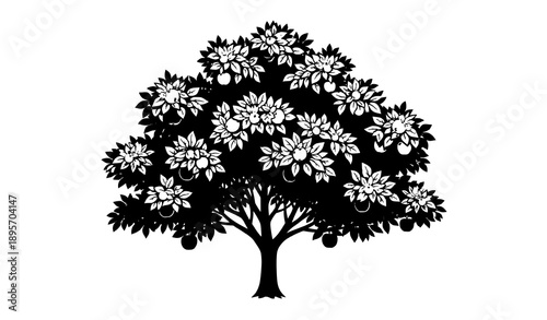 Detailed apple tree silhouette with leaves and fruit nature vector isolated on transparent background