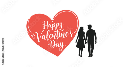A vibrant red heart shape encompasses happy valentine s day text with a silhouetted couple walking hand in hand high quality