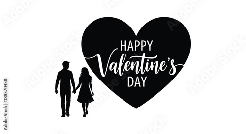 A black silhouette depicts a couple holding hands before a heart with happy valentine s day text high quality