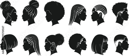 Hairstyle silhouettes illustration, diverse hair fashion artwork, cultural identity design, beauty concept symbol, minimalist profile figure, stylish icon