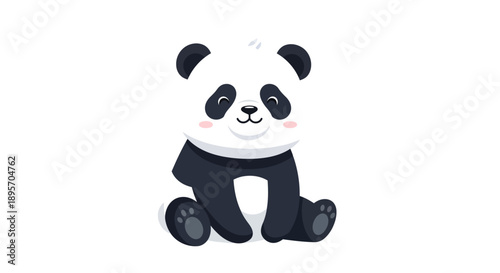 Cute cartoon panda sitting and smiling, isolated on white background