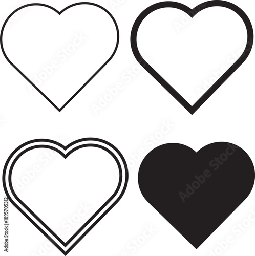 Four Heart Icons Outline, Double Outline, and Solid Black Heart Symbols